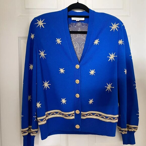 St. John Santana Knit Royal Blue Gold Embroidered Sweater Blazer Cardigan Sz M - Picture 2 of 7